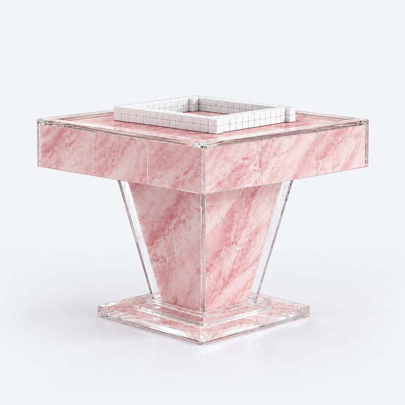 AURAJONG T1 rose quartz automatic American Mahjong table with clear acrylic structure and matching pink sintered stone pedestal