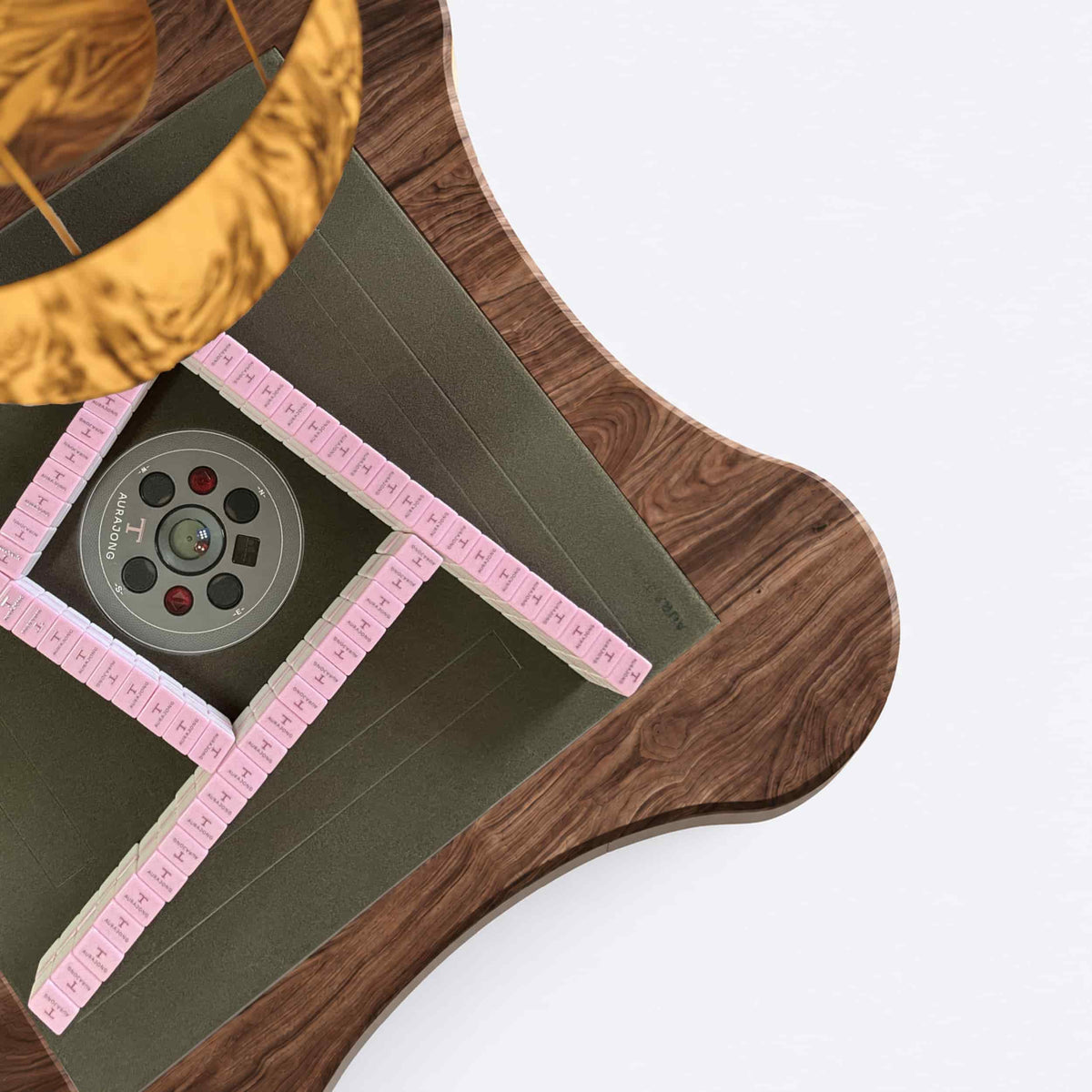 Top view of the AURAJONG S2 automatic American Mahjong table with North American black walnut frame, dark play surface, and pink Mahjong tiles.