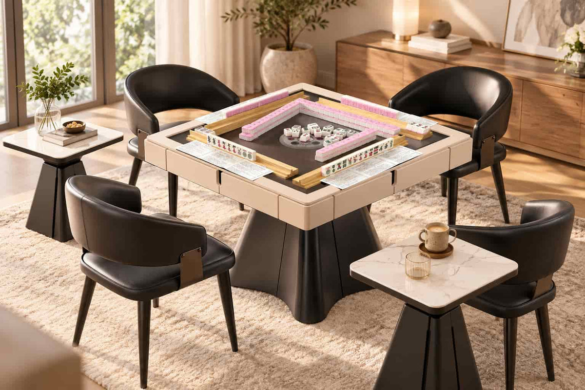AURAJONG automatic American Mahjong table with four chairs, Sightline Racks, rule cards, pink tiles, side tables, and coffee in a warm luxury interior