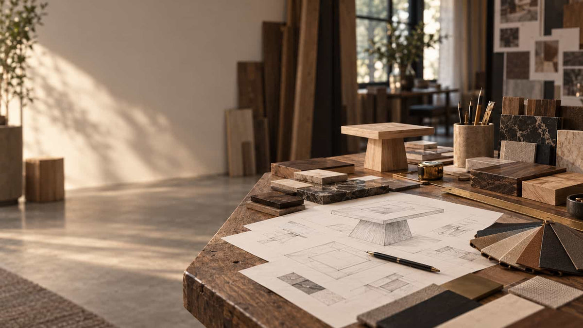 AURAJONG bespoke automatic American Mahjong table design process with custom furniture sketches and premium material samples