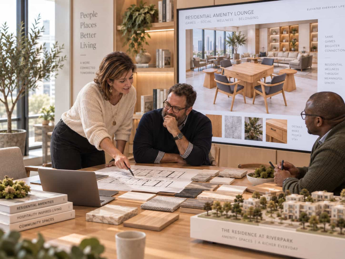 Interior designers planning a residential amenity lounge featuring an AURAJONG automatic mahjong table.