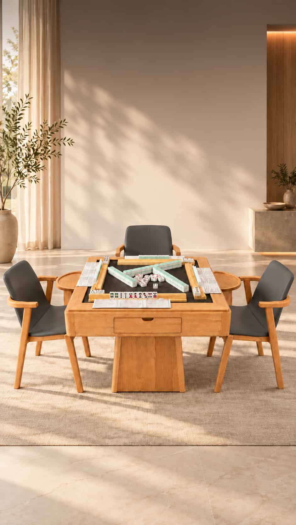 AURAJONG light oak automatic American Mahjong table with grey chairs in a sunlit luxury interior, mobile banner image