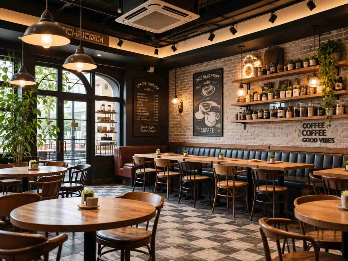 Warm modern café interior representing hospitality and social spaces for Mahjong cafés, hotels, resorts, private clubs and community gatherings