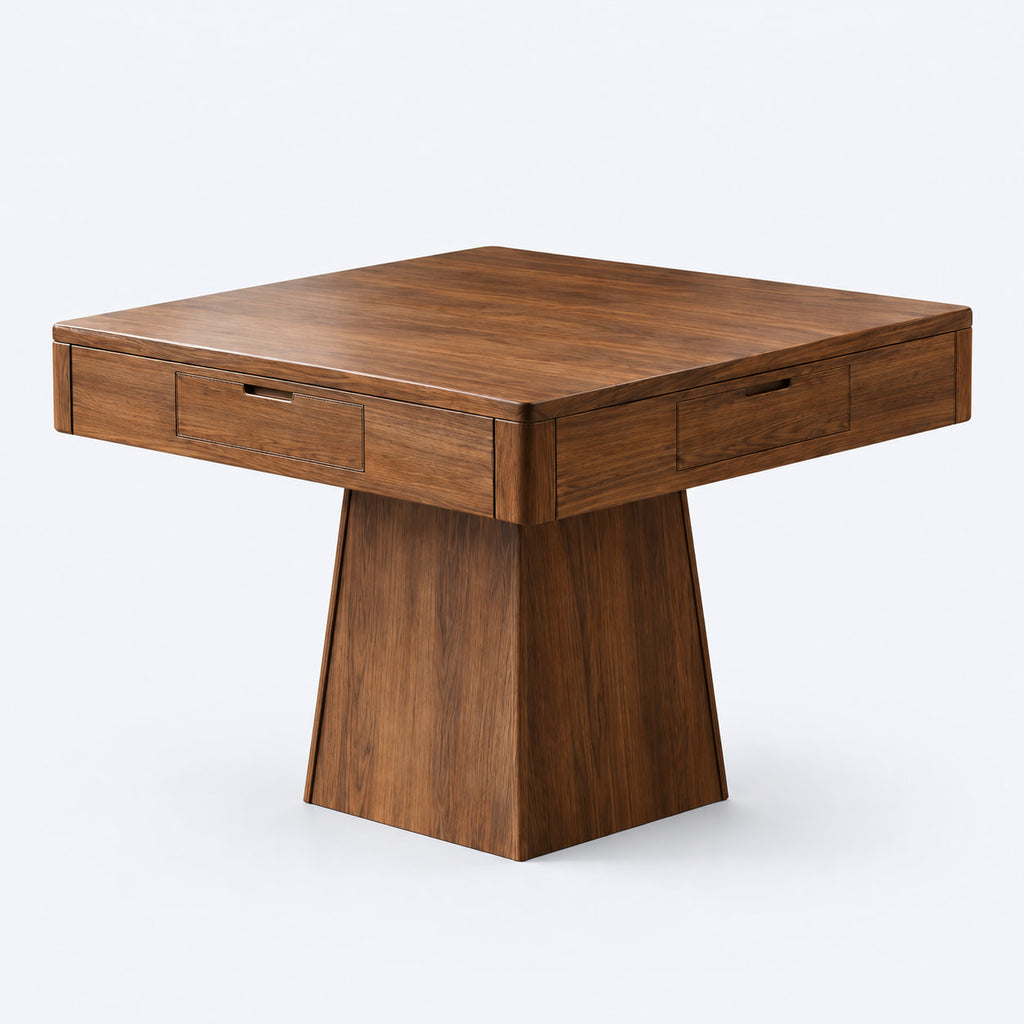 AURAJONG R1 automatic American mahjong table in walnut finish, shown as a single table with a closed dining top and sculptural pedestal base on a light gray studio background.