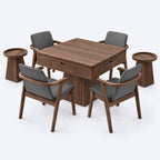 AURAJONG R1 automatic American Mahjong table in black walnut color with dining cover, four upholstered chairs, and two matching side tables