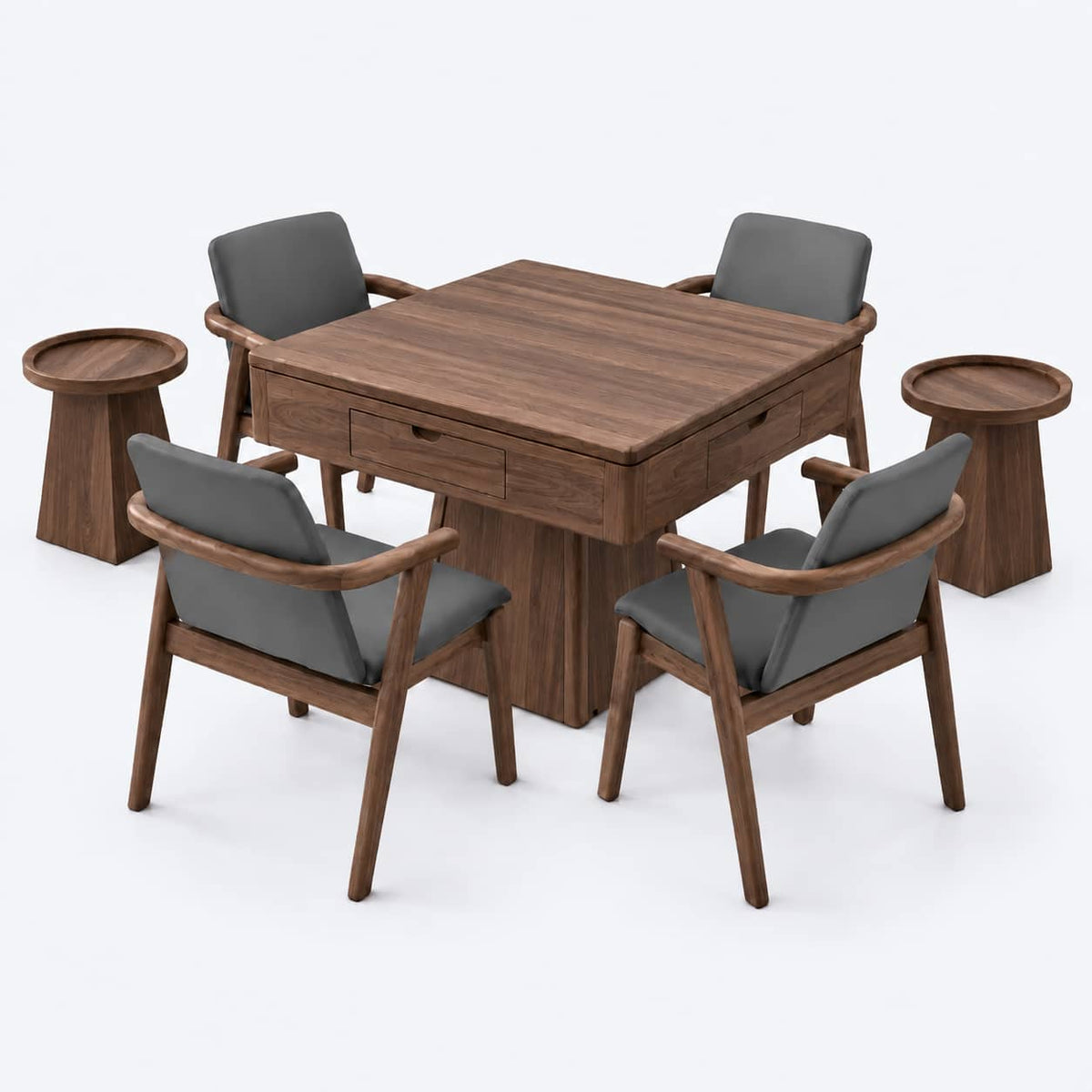 AURAJONG R1 automatic American Mahjong table in black walnut color with dining cover, four upholstered chairs, and two matching side tables
