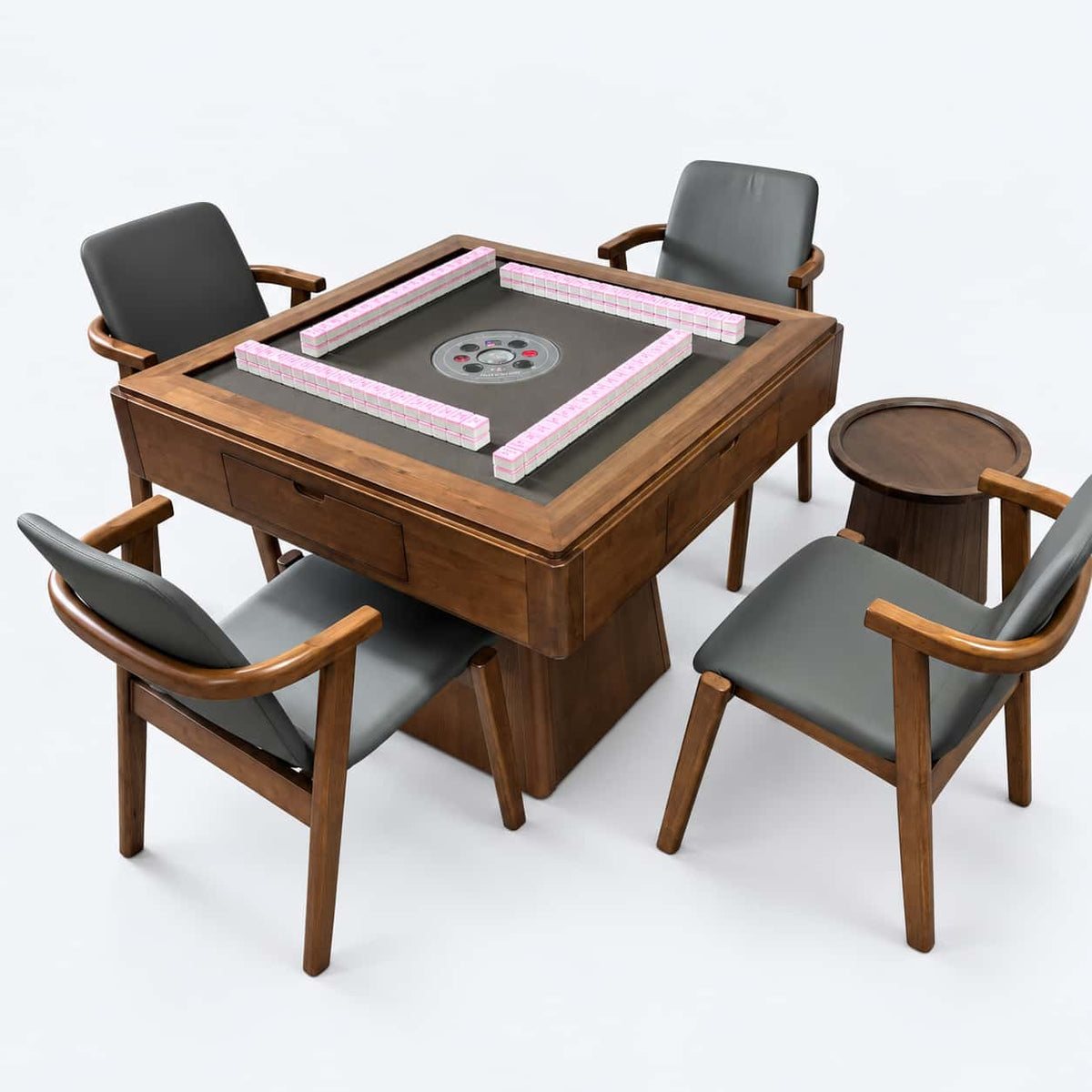 AURAJONG R1 automatic American Mahjong table in black walnut color with a dark playing surface and pink American Mahjong tiles