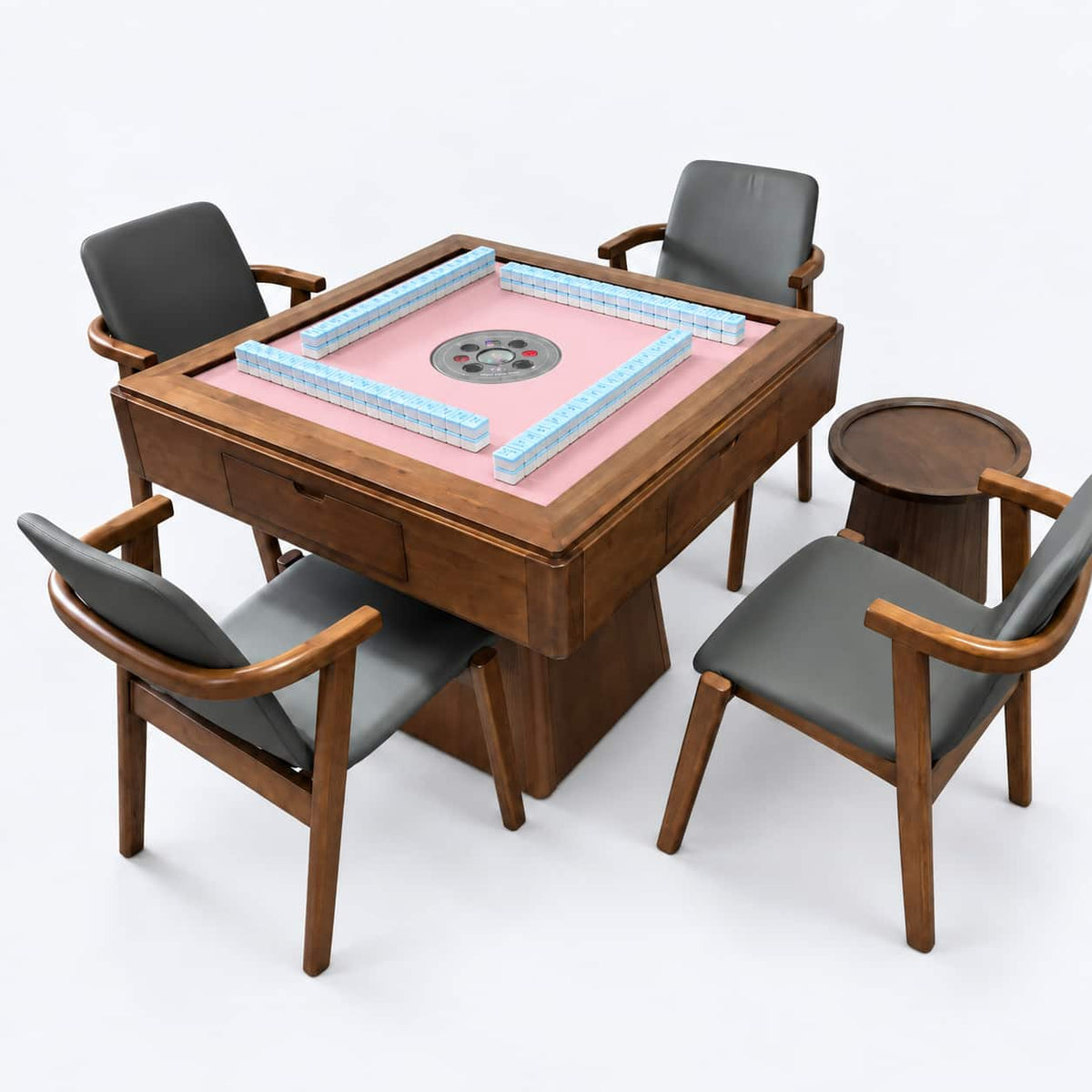 AURAJONG R1 automatic American Mahjong table in black walnut color with a pink playing surface and light blue Mahjong tiles