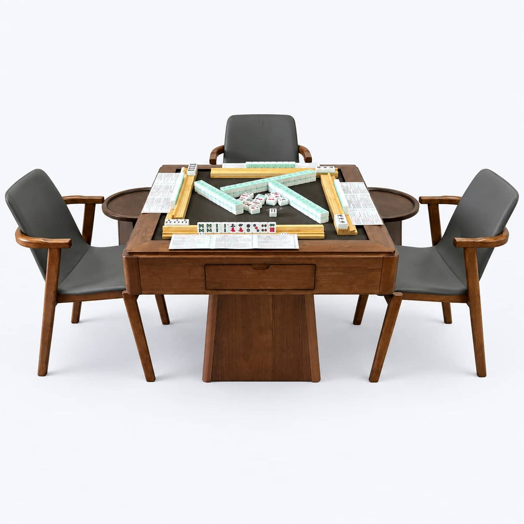Front view of the AURAJONG R1 automatic American Mahjong table in black walnut color with Sightline Racks, NMJL cards, tiles, chairs, and side tables