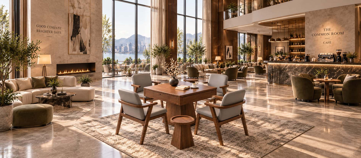 AURAJONG R1 luxury automatic American Mahjong table in an upscale café lounge with four upholstered chairs and walnut side tables.
