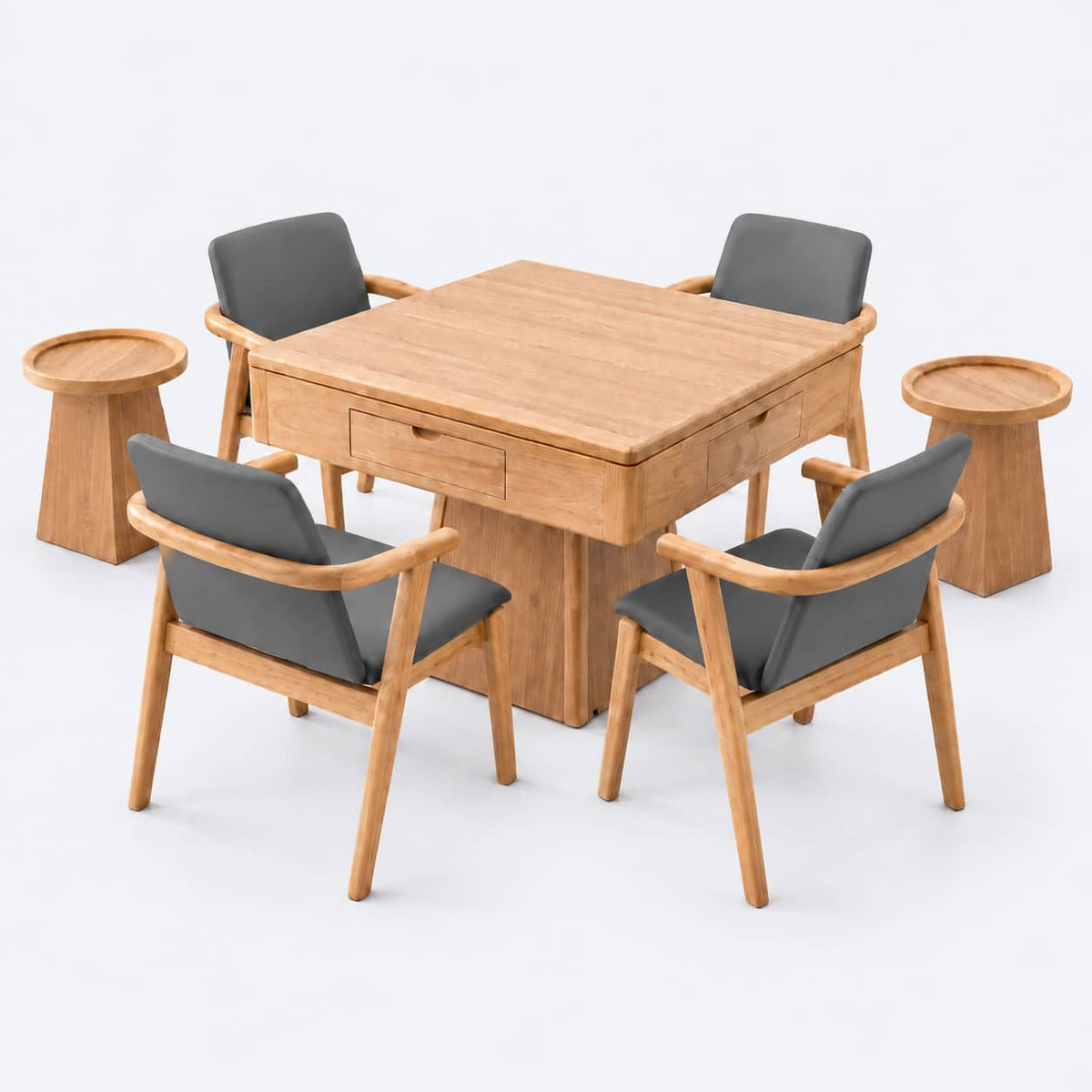 AURAJONG R1 automatic American Mahjong table in white oak color with dining cover, four chairs, and two matching side tables
