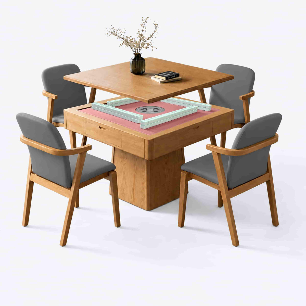 AURAJONG R1 automatic American Mahjong table in white oak color with a pink playing surface, light green tiles, and raised dining cover