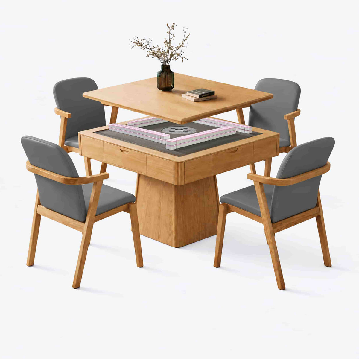AURAJONG R1 automatic American Mahjong table in white oak color with the dining cover raised above the playing surface