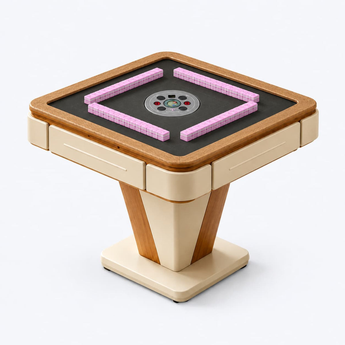 AURAJONG R2 automatic American Mahjong table with a grey playing surface and pink American Mahjong tiles