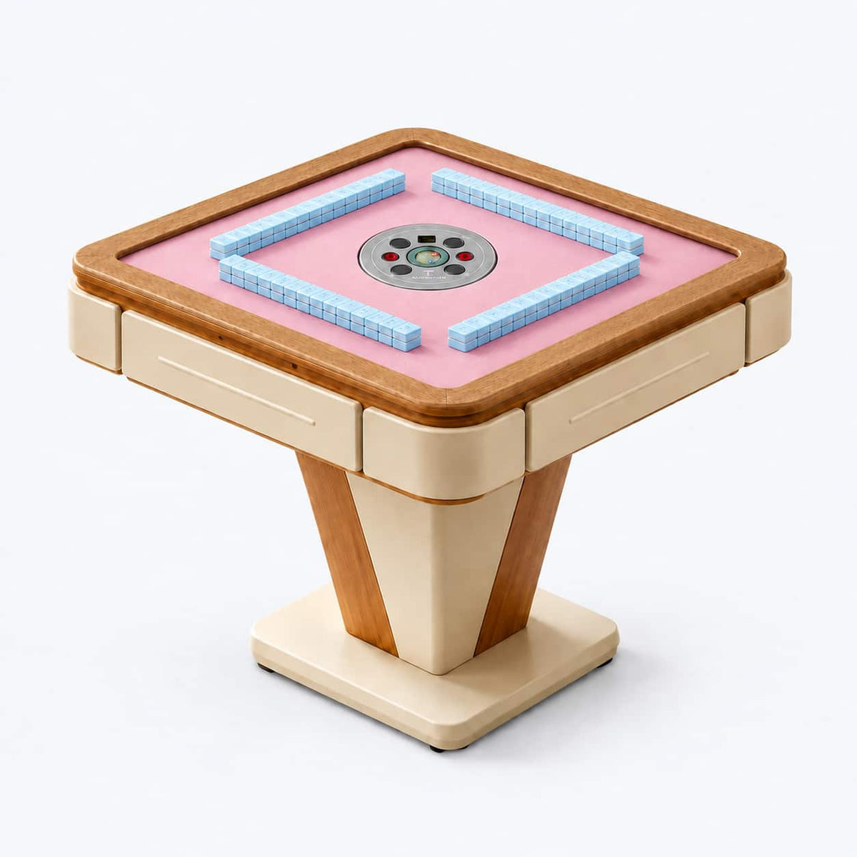 AURAJONG R2 automatic American Mahjong table with a pink playing surface and light blue American Mahjong tiles