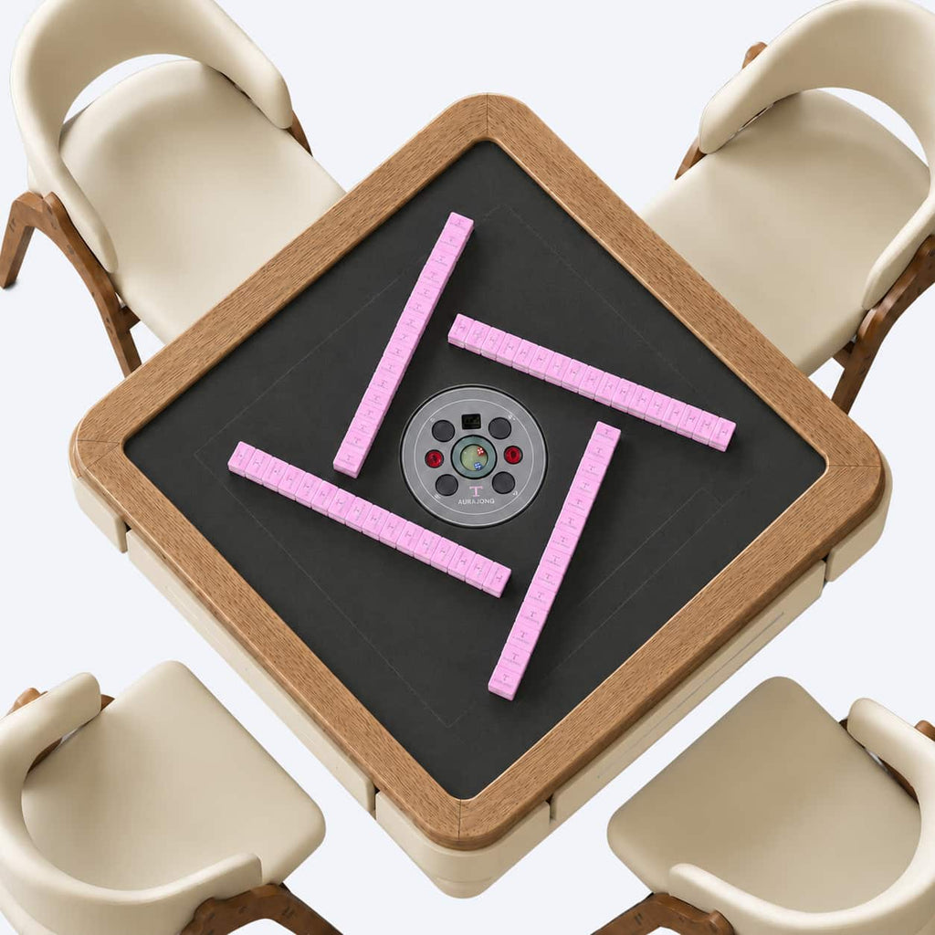 Top view of the AURAJONG R2 automatic American Mahjong table with pink American Mahjong tiles