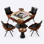 AURAJONG R3 automatic American Mahjong table set up with tiles, racks, NMJL cards, and four swivel chairs.