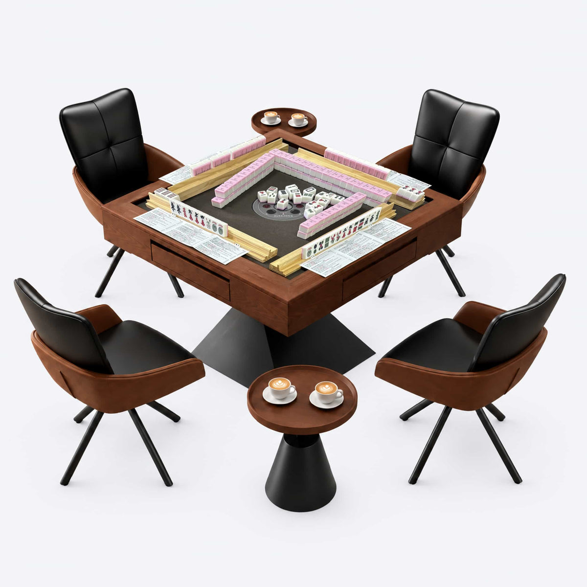 AURAJONG R3 automatic American Mahjong table set up with tiles, racks, NMJL cards, and four swivel chairs.
