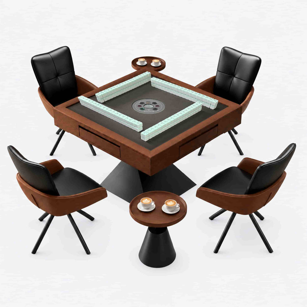 AURAJONG R3 automatic American Mahjong table in a walnut-tone finish with four swivel chairs, Mahjong tiles, and matching side tables.