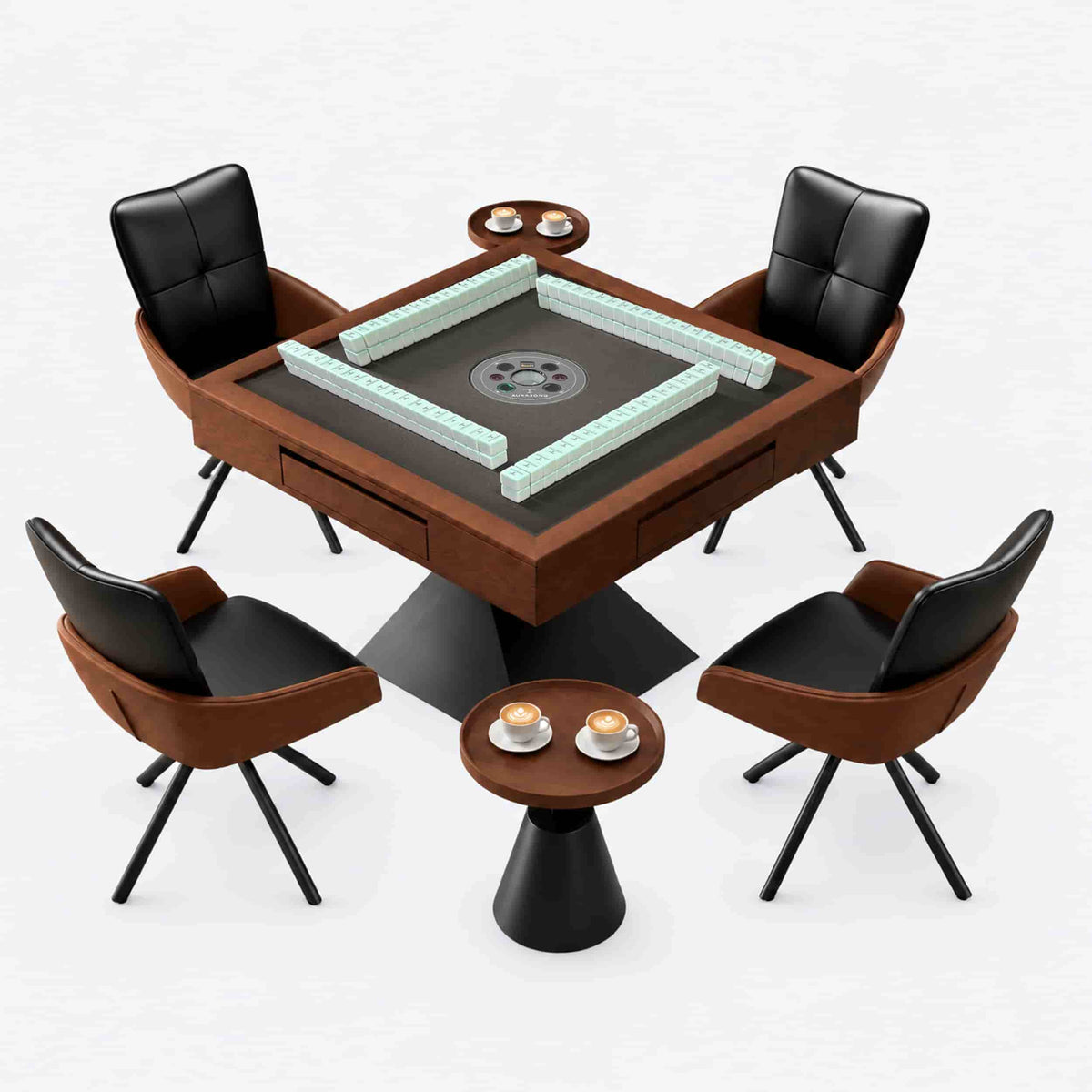 AURAJONG R3 automatic American Mahjong table in a walnut-tone finish with four swivel chairs, Mahjong tiles, and matching side tables.