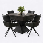 AURAJONG R3 black automatic American Mahjong table with dining cover, four swivel chairs, and tabletop decor.