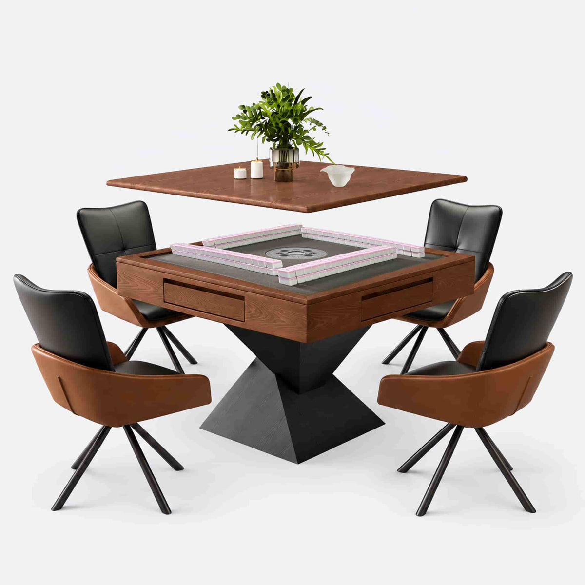 AURAJONG R3 automatic American Mahjong table shown with its walnut-tone removable dining top lifted above the game surface.