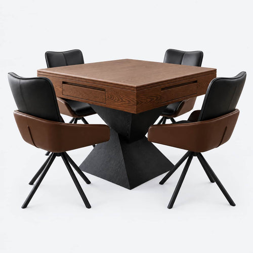 AURAJONG R3 automatic American Mahjong table with walnut-tone dining cover and four black and brown swivel chairs.