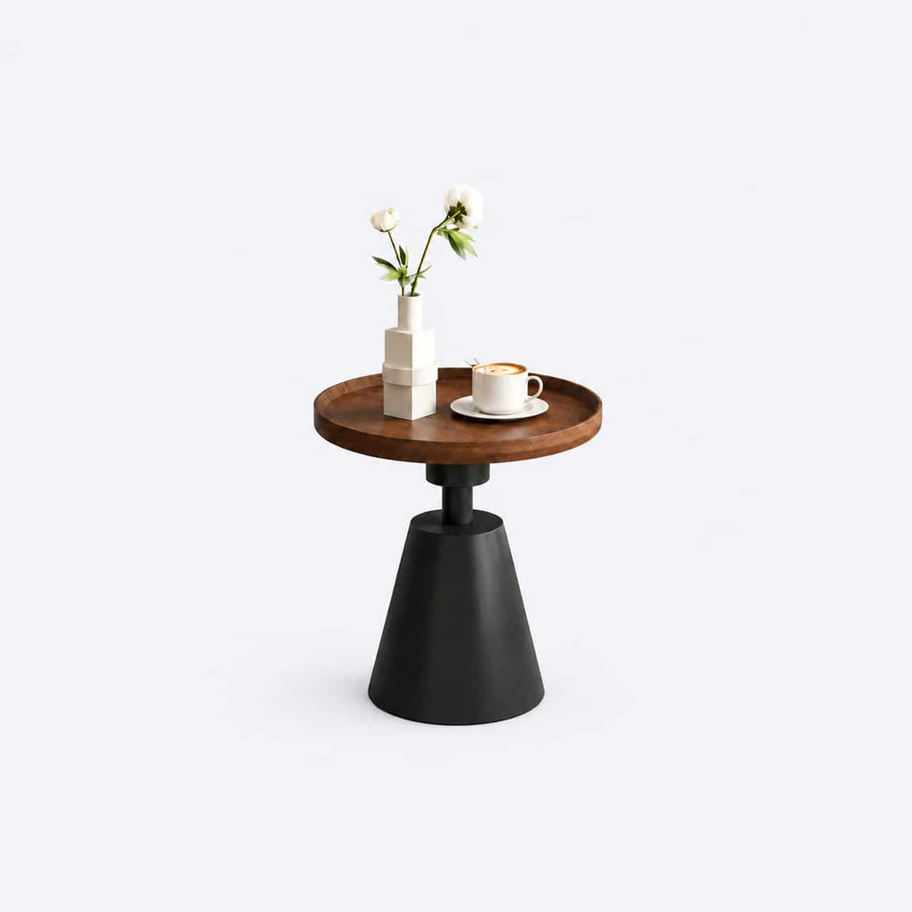AURAJONG R3 matching side table with walnut-tone round tray top and sculptural black pedestal base.