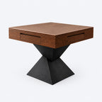 AURAJONG R3 automatic American Mahjong table in a walnut-tone finish with dining cover and sculptural black geometric pedestal.