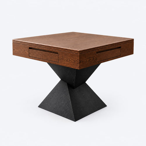 AURAJONG R3 automatic American Mahjong table in a walnut-tone finish with dining cover and sculptural black geometric pedestal.
