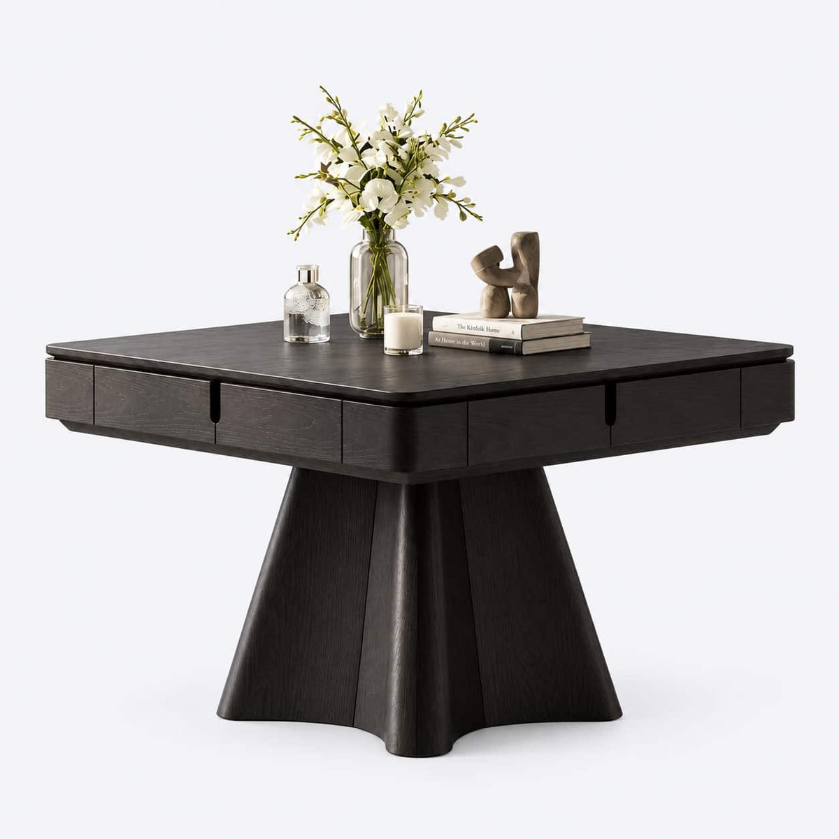 AURAJONG R4 all-black automatic American Mahjong table with closed dining cover and sculptural black pedestal base.