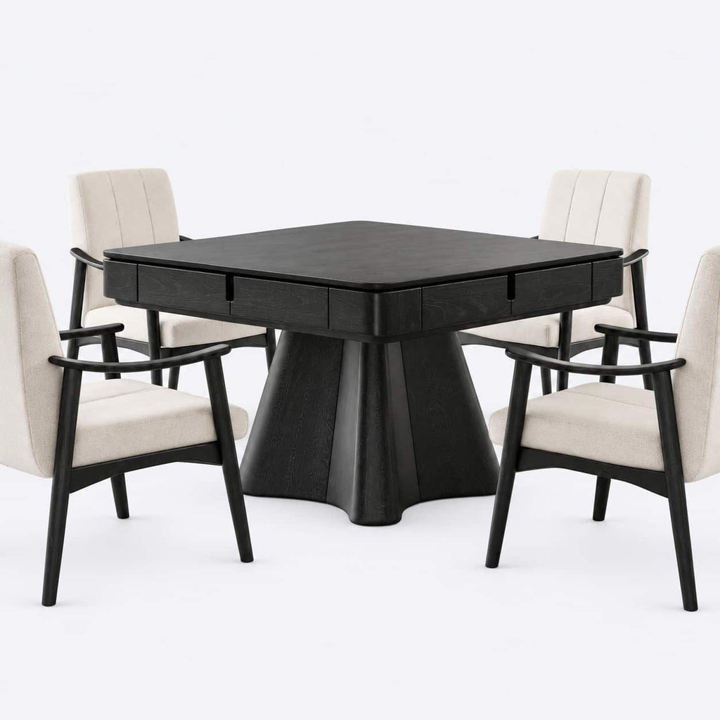 AURAJONG R4 all-black automatic American Mahjong table with four cream upholstered chairs in a dining set configuration.
