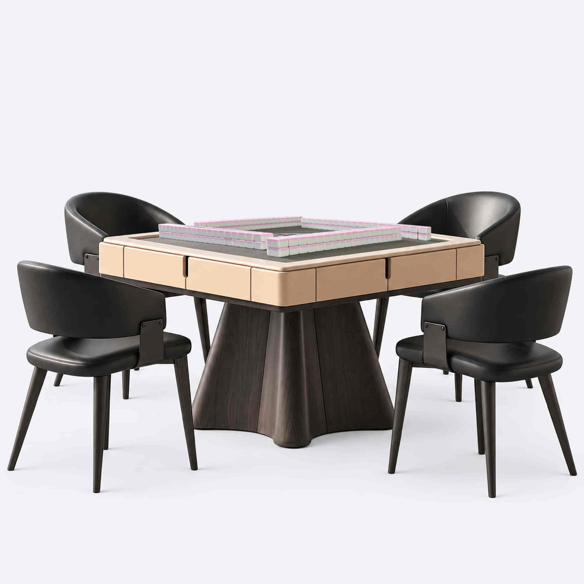 AURAJONG R4 black and cream automatic American Mahjong table with four chairs and pink Mahjong tile walls, designed for American Mahjong.