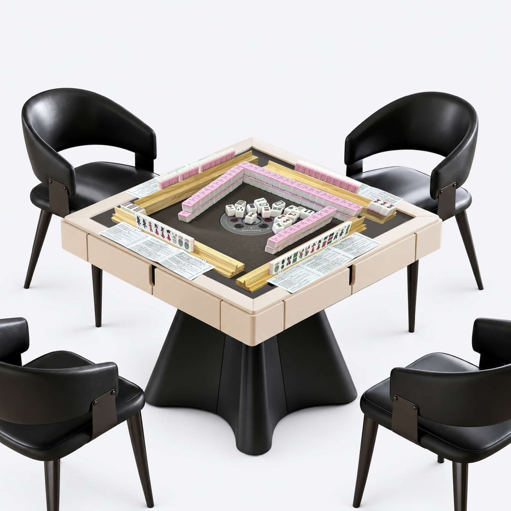 AURAJONG R4 ivory and black automatic American Mahjong table set up with tiles, racks, NMJL cards, and four chairs.