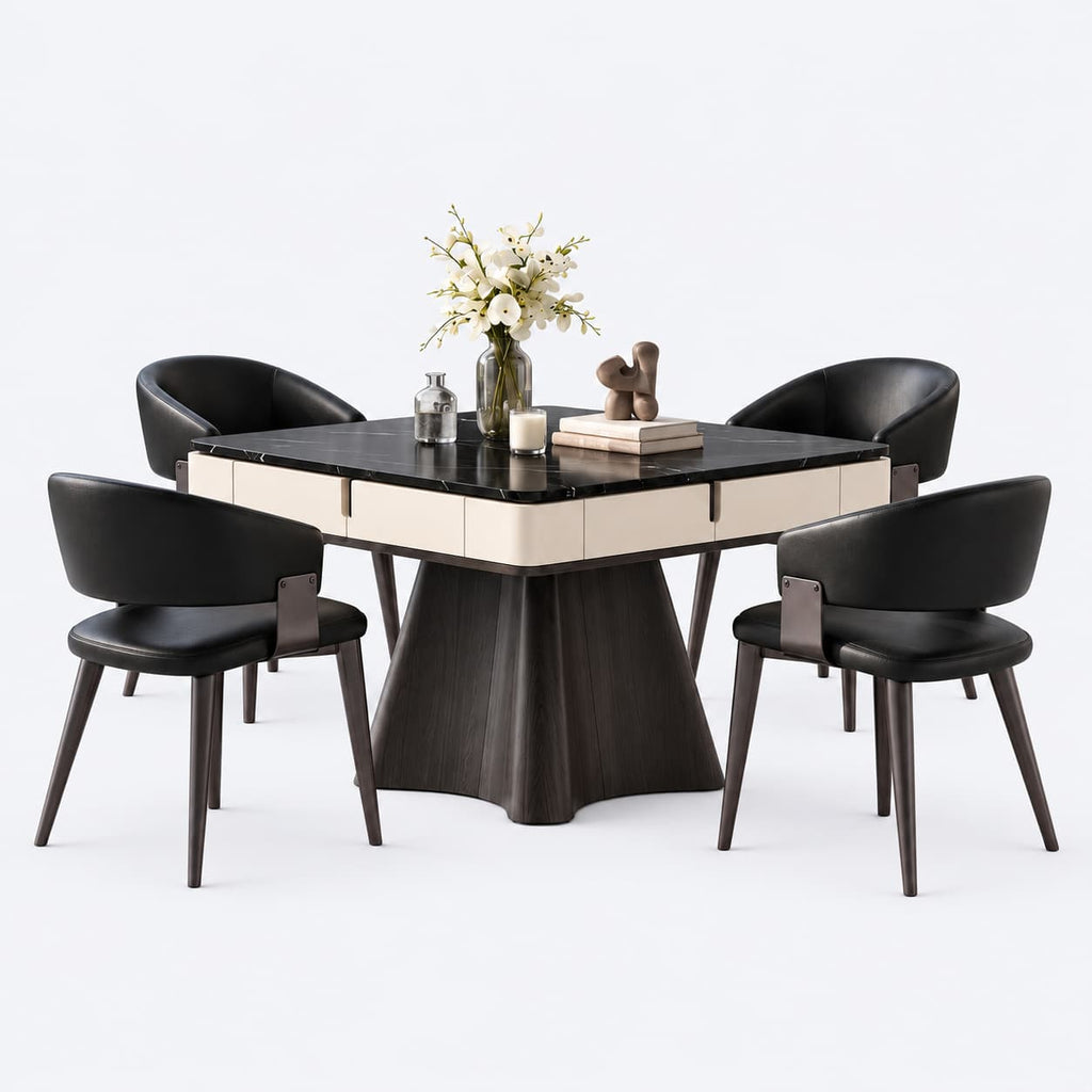 AURAJONG R4 ivory and black automatic American Mahjong table styled as a dining table with four chairs and decorative accessories.