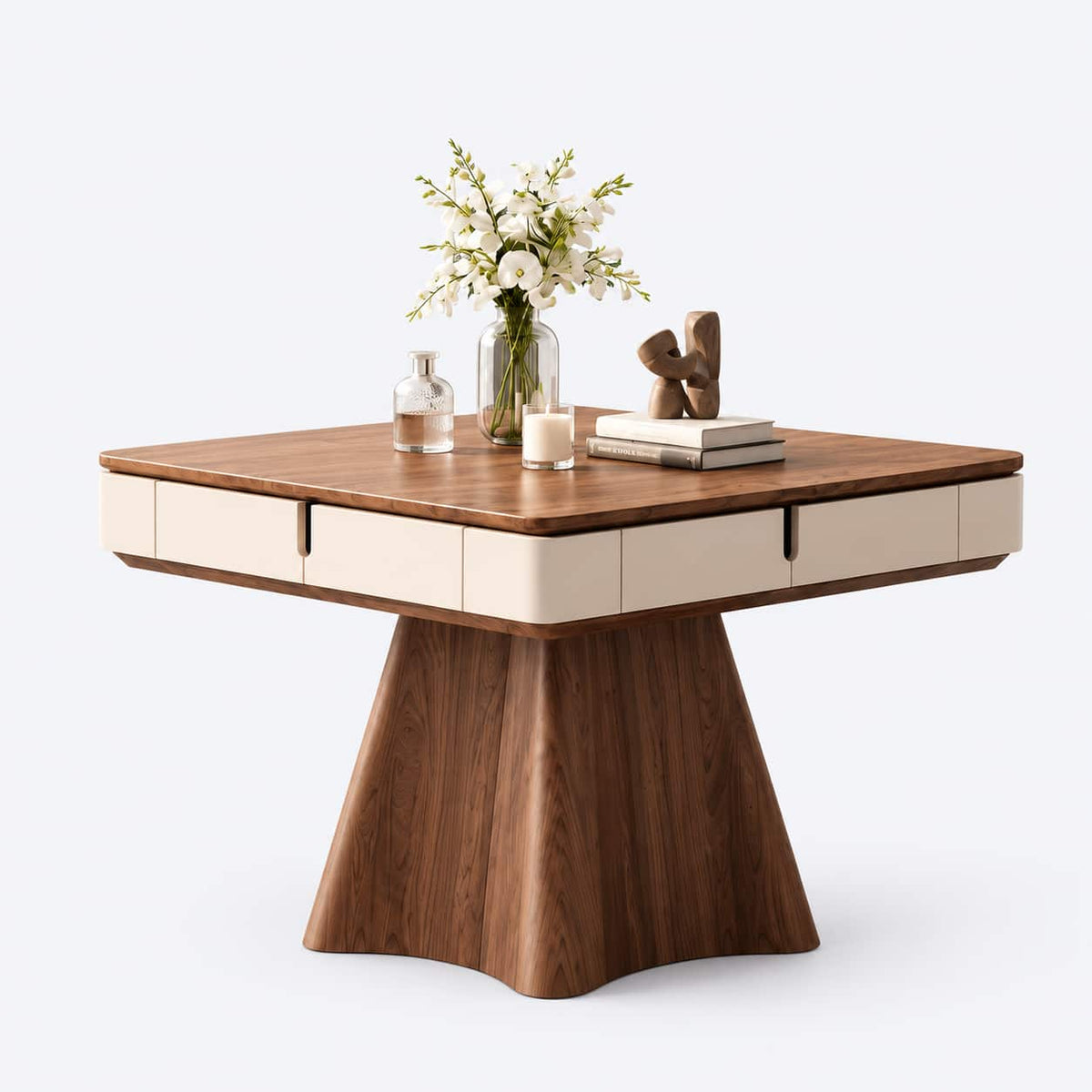 AURAJONG R4 walnut and ivory automatic American Mahjong table with wood-tone dining cover and styled tabletop decor.