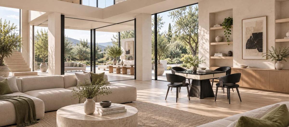 AURAJONG R4 luxury automatic American Mahjong table with four black chairs in a bright modern residence with natural wood, stone, and garden views.