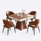 AURAJONG R4 walnut and ivory automatic American Mahjong table with four cognac chairs in dining configuration.