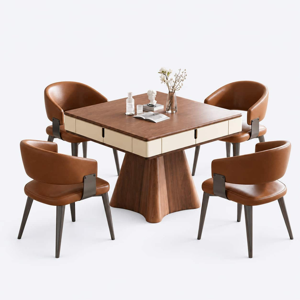 AURAJONG R4 walnut and ivory automatic American Mahjong table with four cognac chairs in dining configuration.