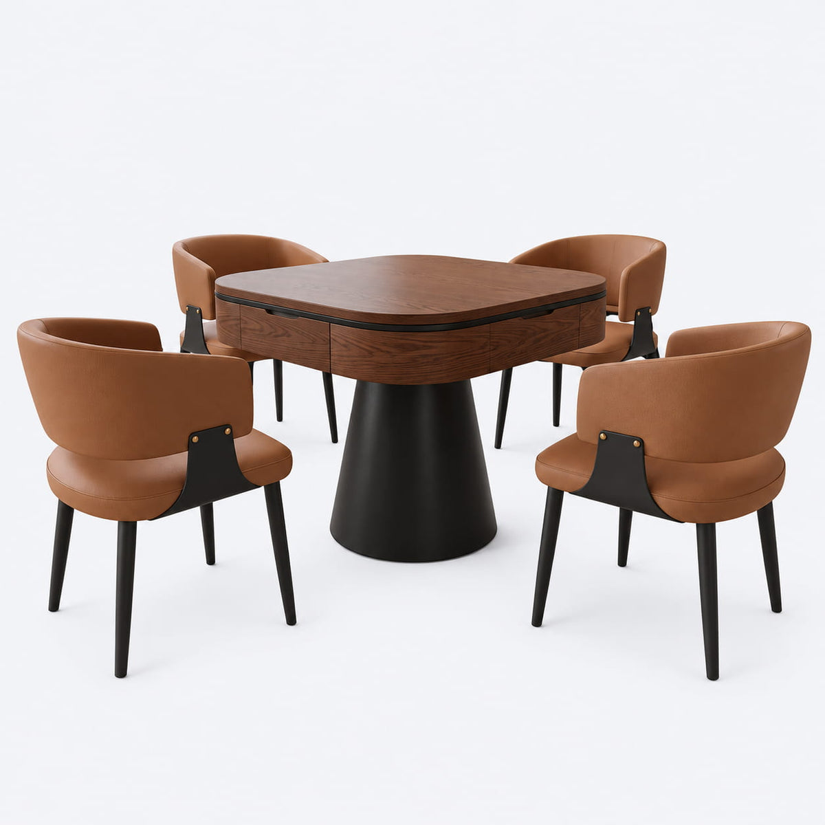 AURAJONG R5 automatic American Mahjong table in closed dining mode with four cognac upholstered chairs, a walnut-tone top, and black pedestal base.