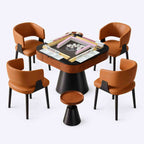 AURAJONG R5 automatic American Mahjong table fully set up for play with mahjong tiles, racks, NMJL cards, four cognac chairs, and a matching side table.