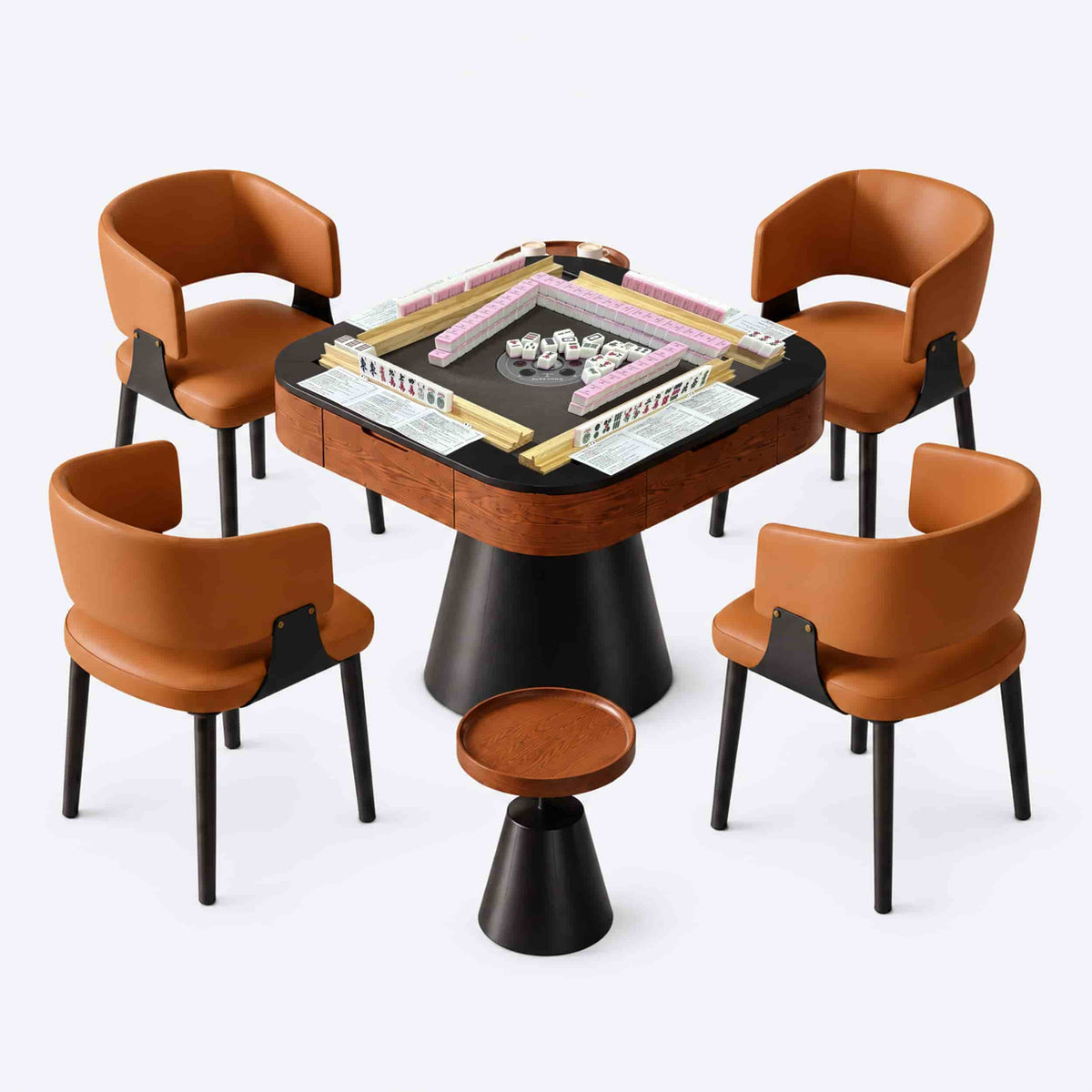 AURAJONG R5 automatic American Mahjong table fully set up for play with mahjong tiles, racks, NMJL cards, four cognac chairs, and a matching side table.