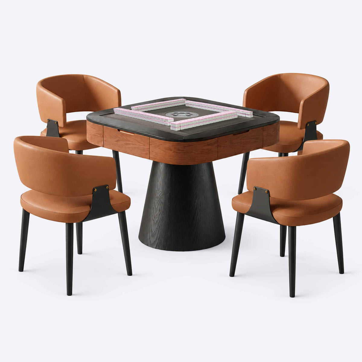 AURAJONG R5 automatic American Mahjong table set with a grey play surface, pink mahjong tile walls, walnut-tone table body, black pedestal base, and four cognac upholstered chairs.