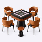 AURAJONG R5 automatic American Mahjong table set with grey playing surface, four cognac upholstered chairs, and a matching side table, designed for American Mahjong.