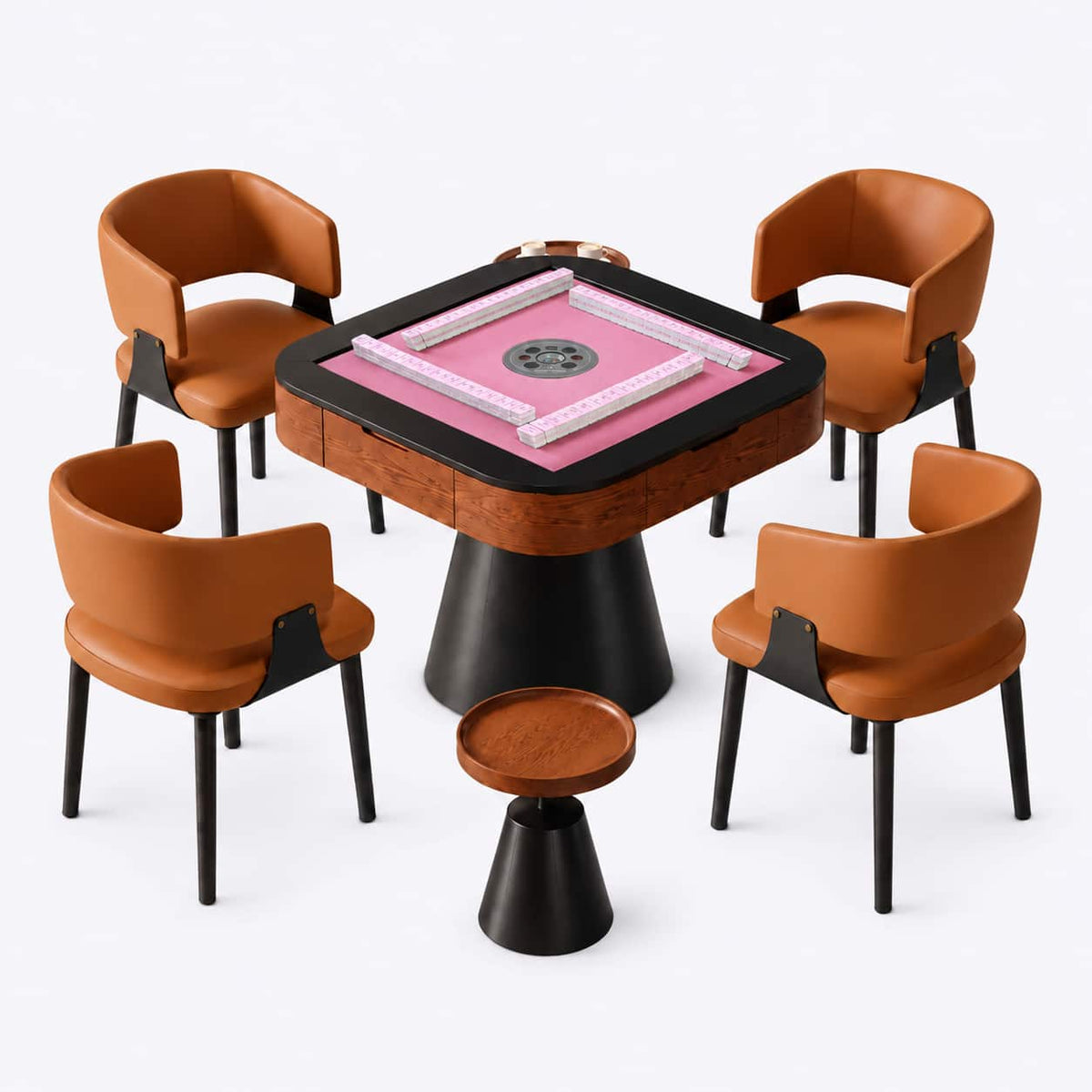 AURAJONG R5 automatic American Mahjong table set with pink playing surface, four cognac upholstered chairs, and a matching side table, designed for American Mahjong.