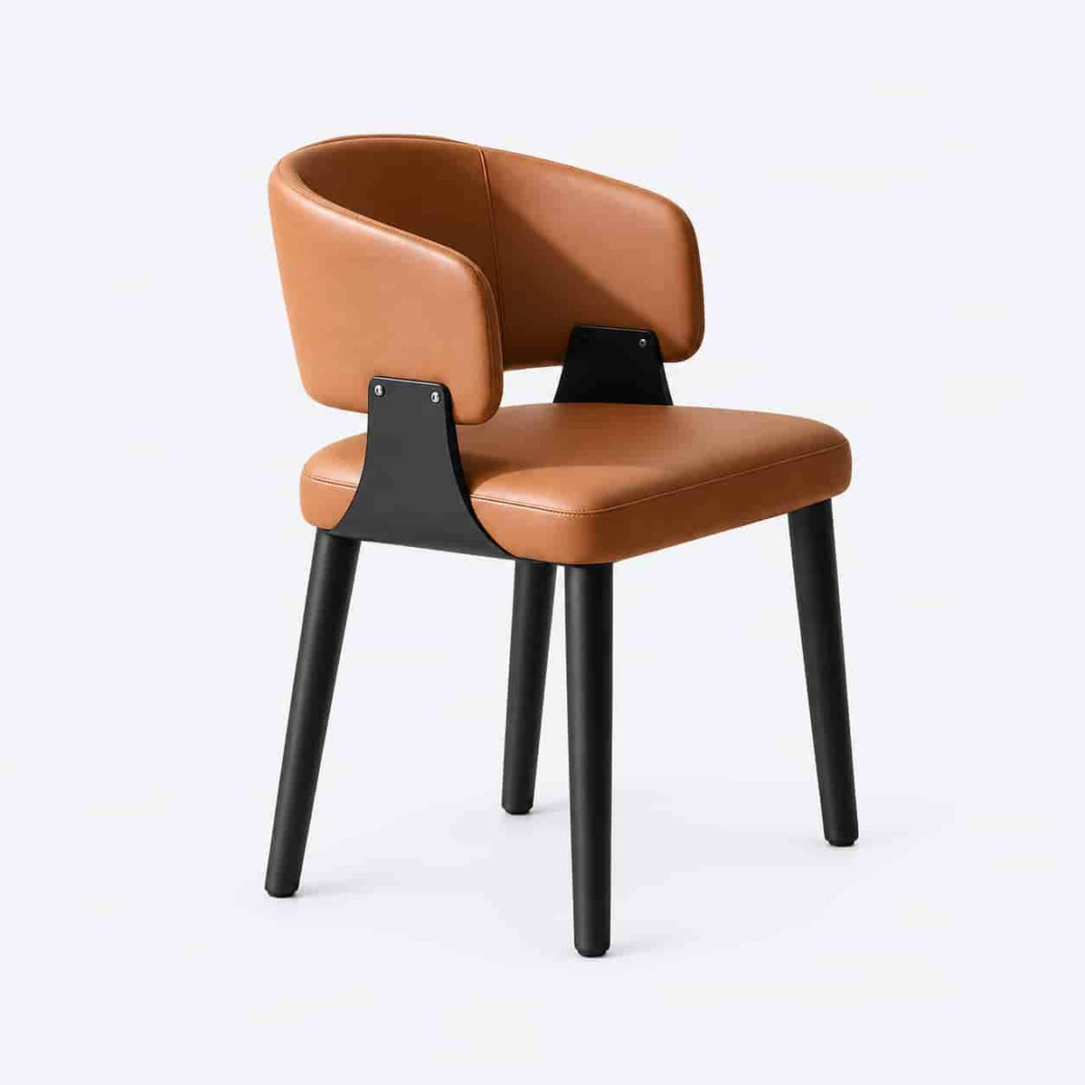 Matching chair for the AURAJONG R5 automatic American Mahjong table, featuring cognac upholstery, a curved backrest, black supports, and black legs.