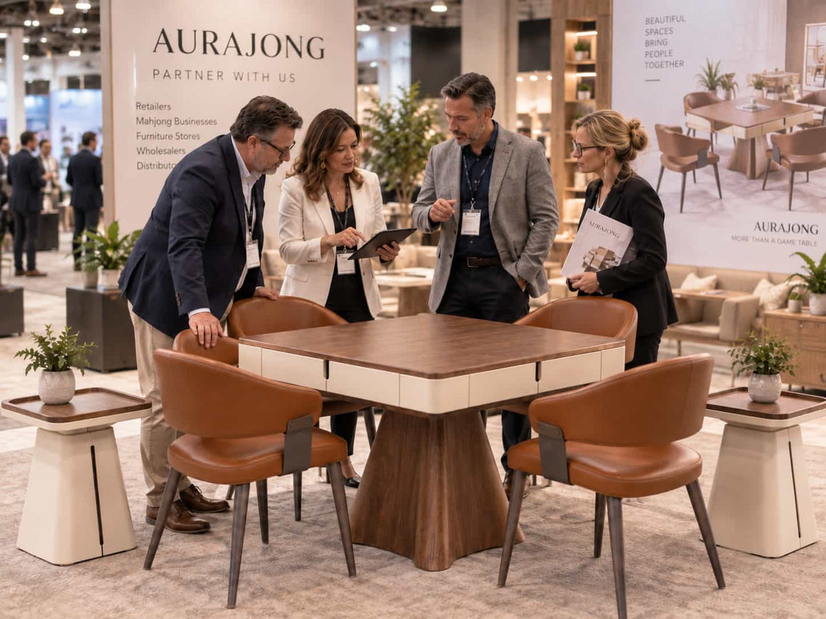 Retailers and business partners discussing an AURAJONG automatic mahjong table in a furniture showroom.