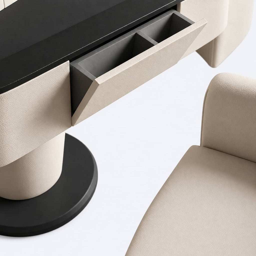 Close-up of the AURAJONG S1 built-in storage drawer with faux leather-wrapped front and divided interior compartments.