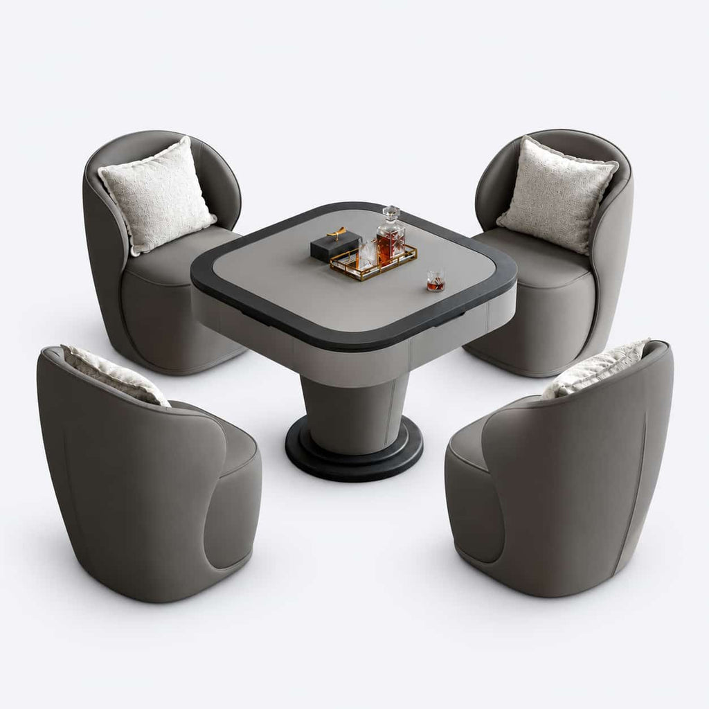 AURAJONG S1 gray faux leather automatic Mahjong table with four matching upholstered chairs.