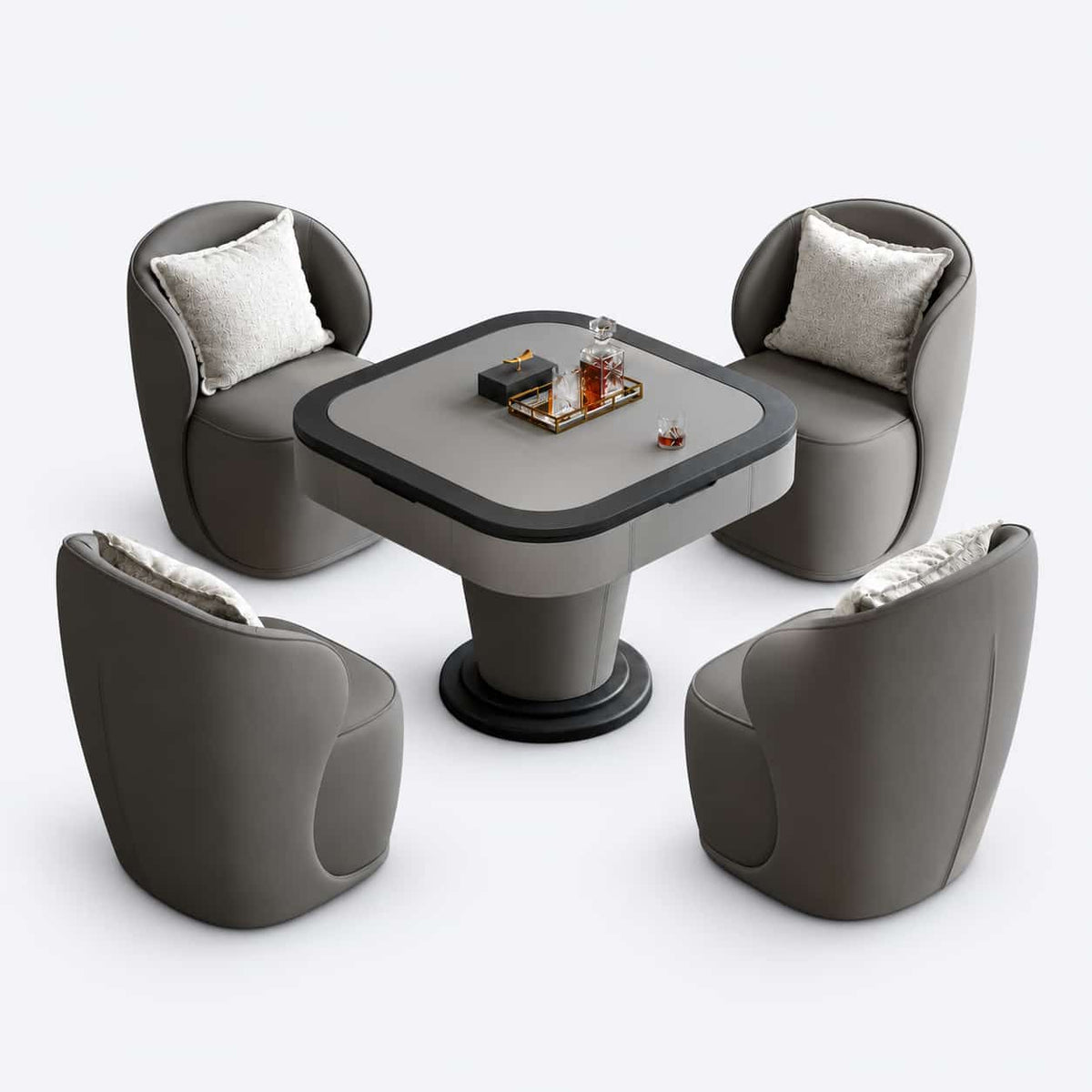 AURAJONG S1 gray faux leather automatic Mahjong table with four matching upholstered chairs.